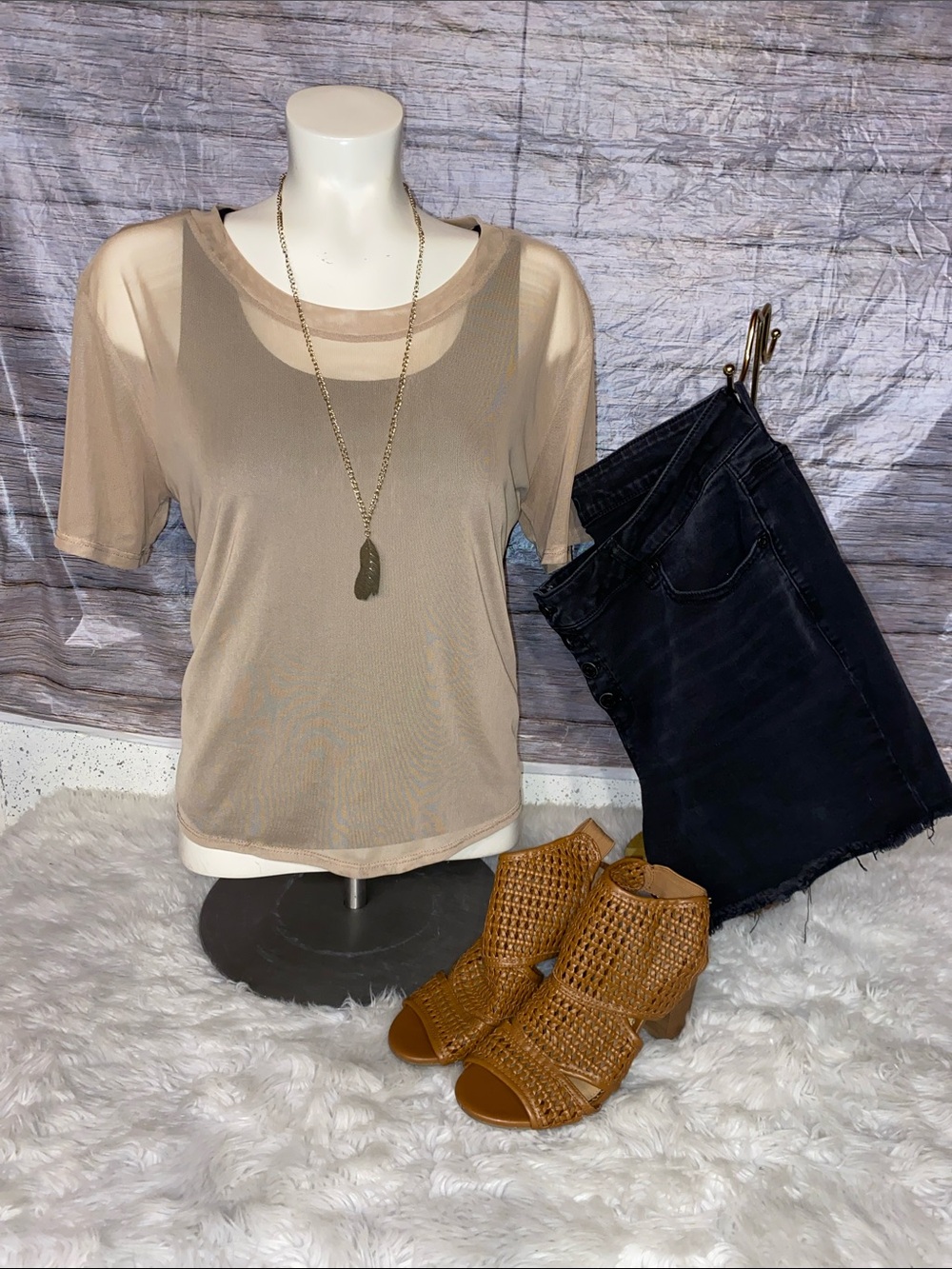 Rainbows & Cupcakes Tan Mesh Short Sleeve Top